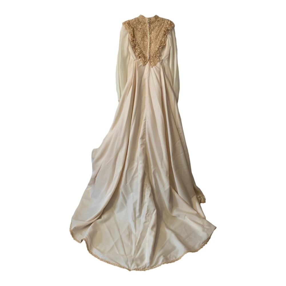 Vintage wedding dress womens small xs lace with bustle train white ivory tan
